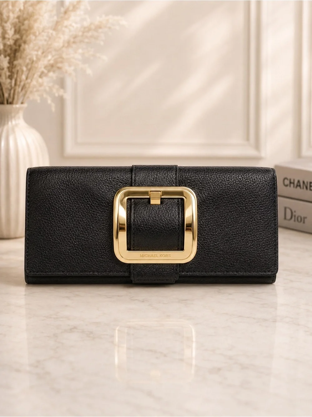 Michael Kors Black Pebbled Leather Large Continental Wallet Gold Buckle Clutch